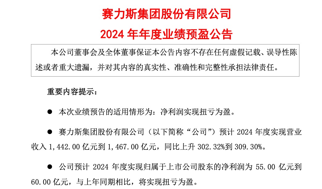 赛力斯“逆袭”！4年连亏后 2024年净利润预计最高达60亿元 2025年M8将带动百亿营收？